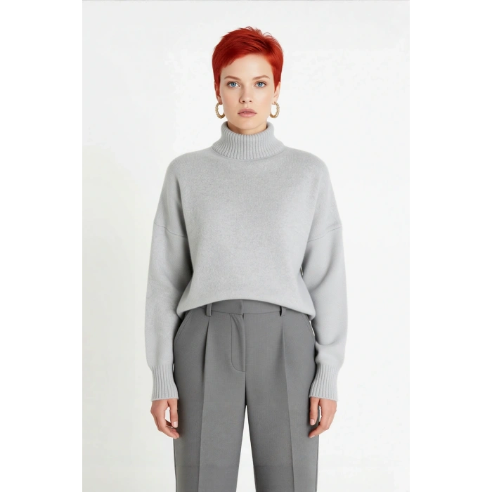 Kadın Oversize Düşük Kol Dik Yaka Uzun Triko Kazak Basic Modern Rahat Kış Günlük Şıklığı Sunar