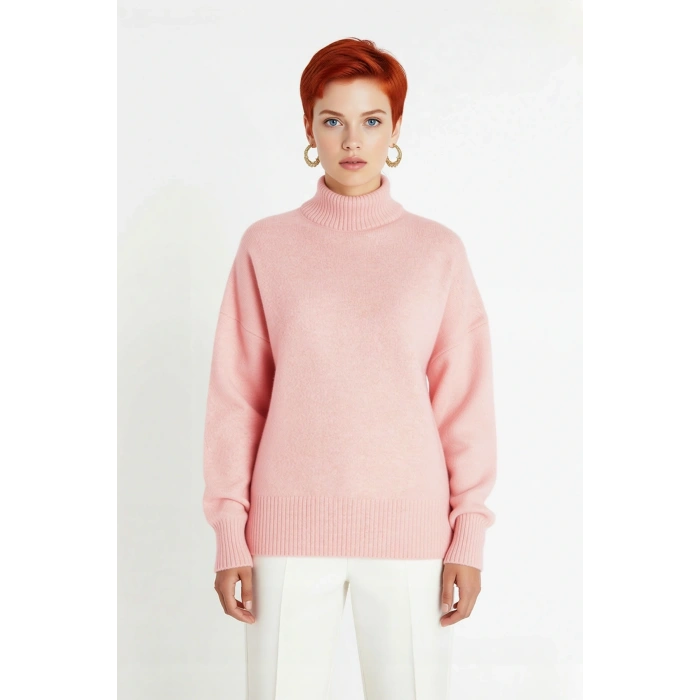 Kadın Oversize Düşük Kol Dik Yaka Uzun Triko Kazak Basic Modern Rahat Kış Günlük Şıklığı Sunar