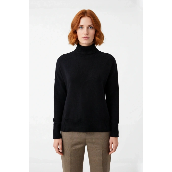 Kadın Oversize Düşük Kol Dik Yaka Uzun Triko Kazak Basic Modern Rahat Kış Günlük Şıklığı Sunar