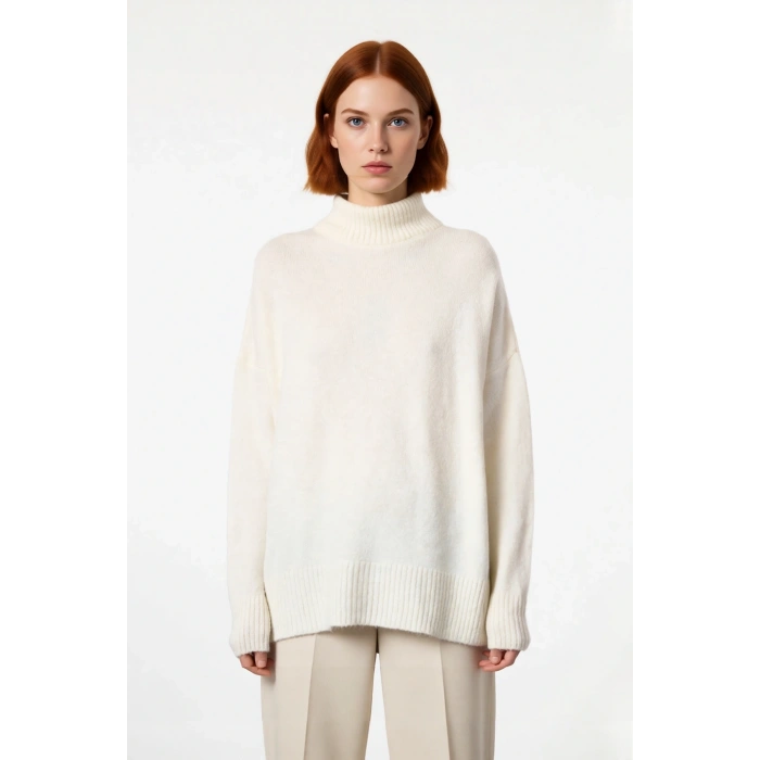 Kadın Oversize Düşük Kol Dik Yaka Uzun Triko Kazak Basic Modern Rahat Kış Günlük Şıklığı Sunar