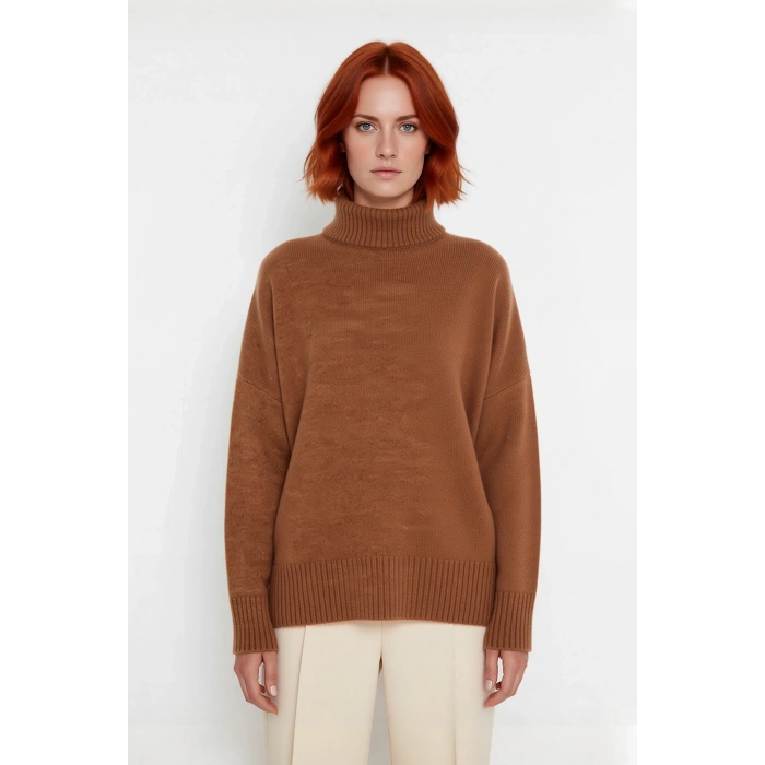 Kadın Oversize Düşük Kol Dik Yaka Uzun Triko Kazak Basic Modern Rahat Kış Günlük Şıklığı Sunar