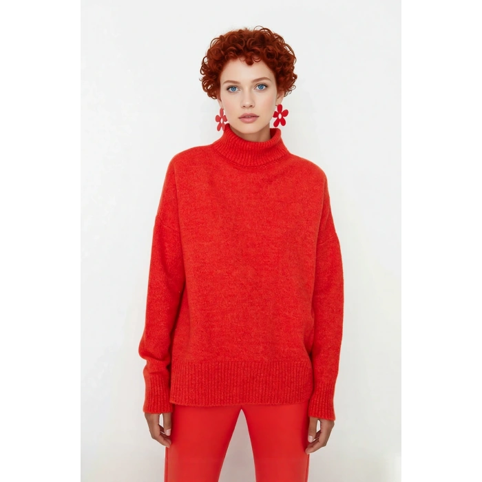 Kadın Oversize Düşük Kol Dik Yaka Uzun Triko Kazak Basic Modern Rahat Kış Günlük Şıklığı Sunar