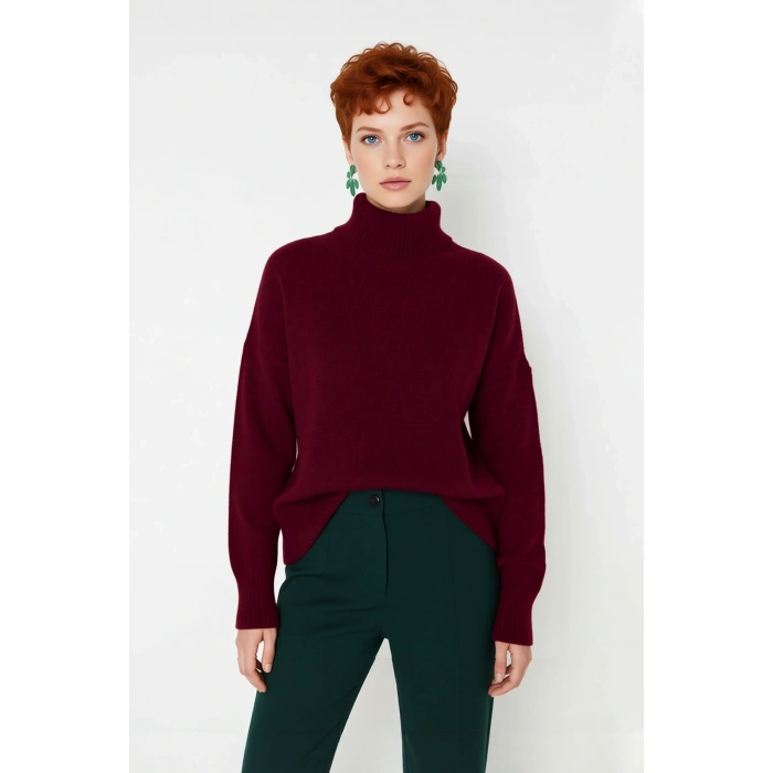 Kadın Oversize Düşük Kol Dik Yaka Uzun Triko Kazak Basic Modern Rahat Kış Günlük Şıklığı Sunar