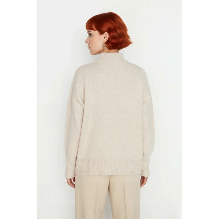 Kadın Oversize Düşük Kol Dik Yaka Uzun Triko Kazak Basic Modern Rahat Kış Günlük Şıklığı Sunar