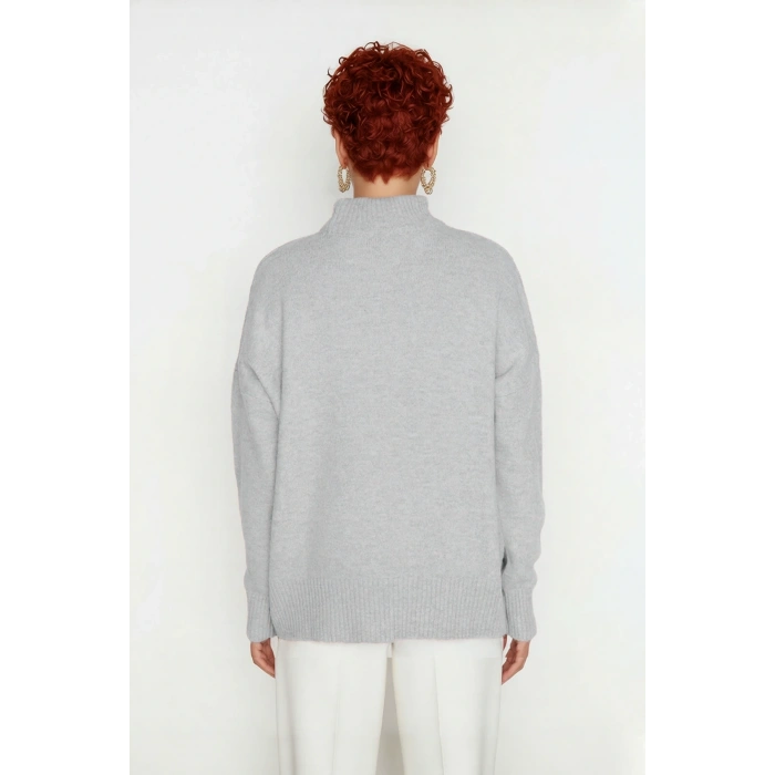 Kadın Oversize Düşük Kol Dik Yaka Uzun Triko Kazak Basic Modern Rahat Kış Günlük Şıklığı Sunar