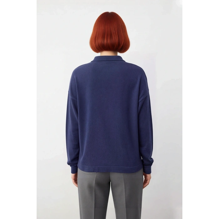 Kadın Oversize Düşük Kol Düz Desen Polo Yaka Triko Kazak Kışlık Kombinlerin Rahat Parçası Kaliteli