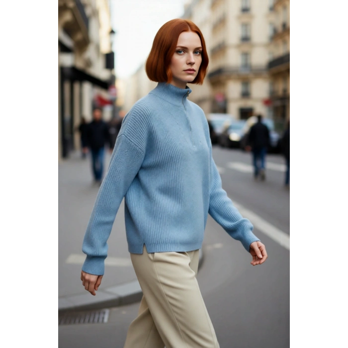 Kadın Oversize Düşük Kol Fermuarlı Dik Yaka Triko Selanik Örgü Basic Uzun Kollu Kazak Kaliteli