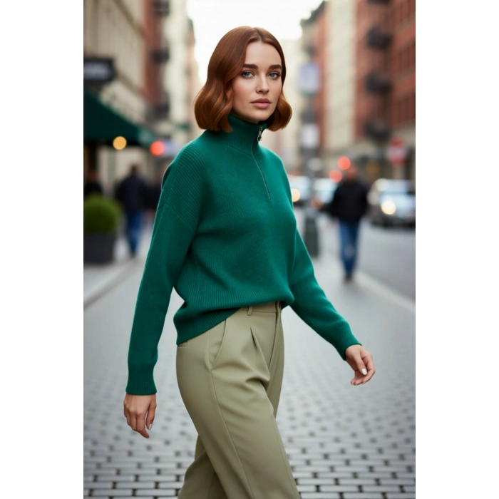 Kadın Oversize Düşük Kol Fermuarlı Dik Yaka Triko Selanik Örgü Basic Uzun Kollu Kazak Kaliteli