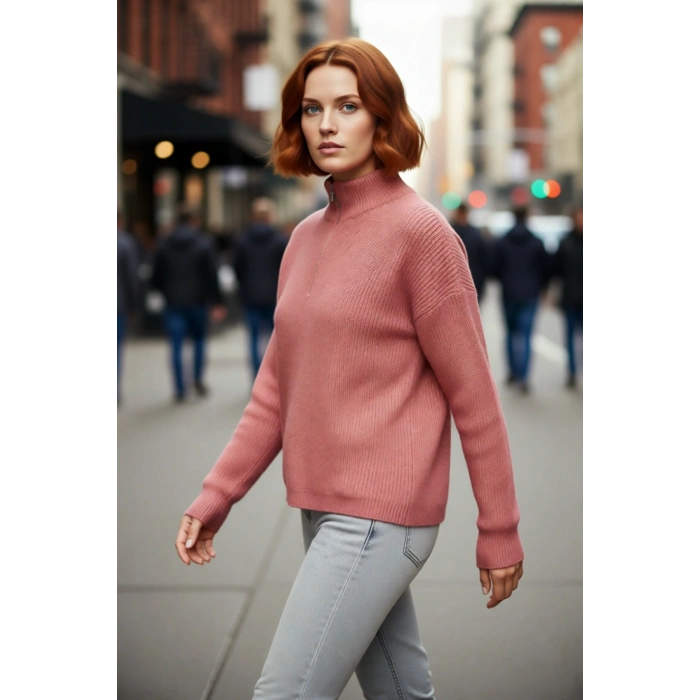 Kadın Oversize Düşük Kol Fermuarlı Dik Yaka Triko Selanik Örgü Basic Uzun Kollu Kazak Kaliteli