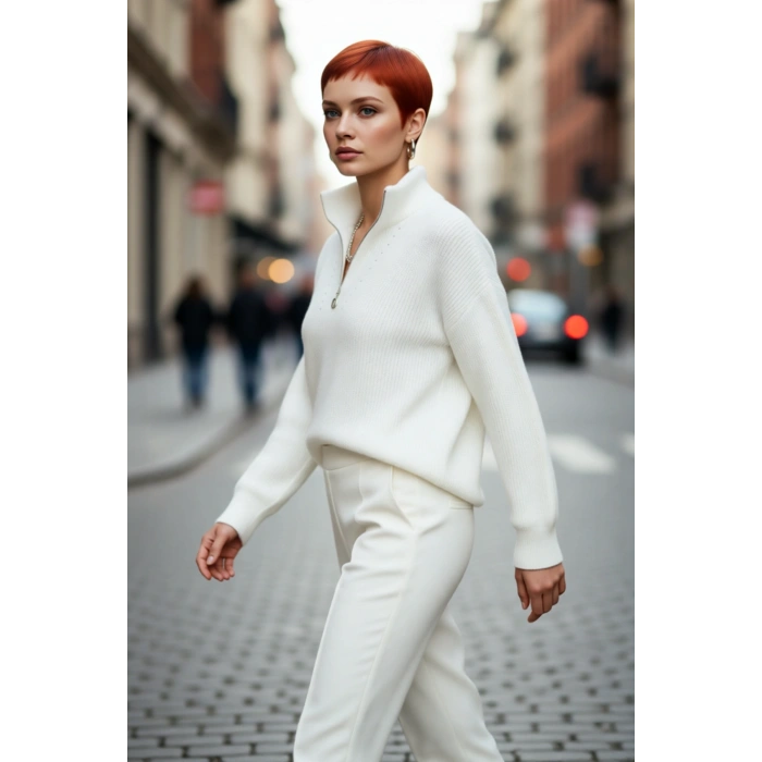 Kadın Oversize Düşük Kol Fermuarlı Dik Yaka Triko Selanik Örgü Basic Uzun Kollu Kazak Kaliteli