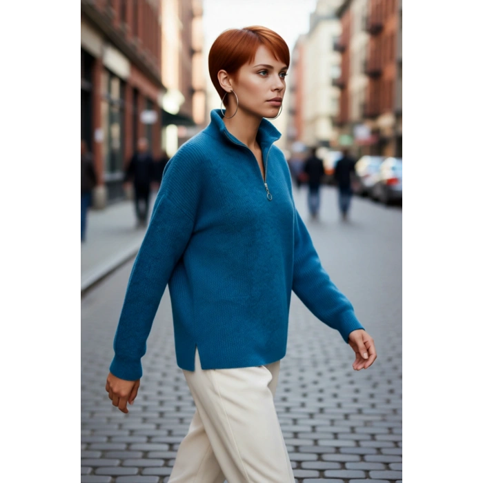 Kadın Oversize Düşük Kol Fermuarlı Dik Yaka Triko Selanik Örgü Basic Uzun Kollu Kazak Kaliteli