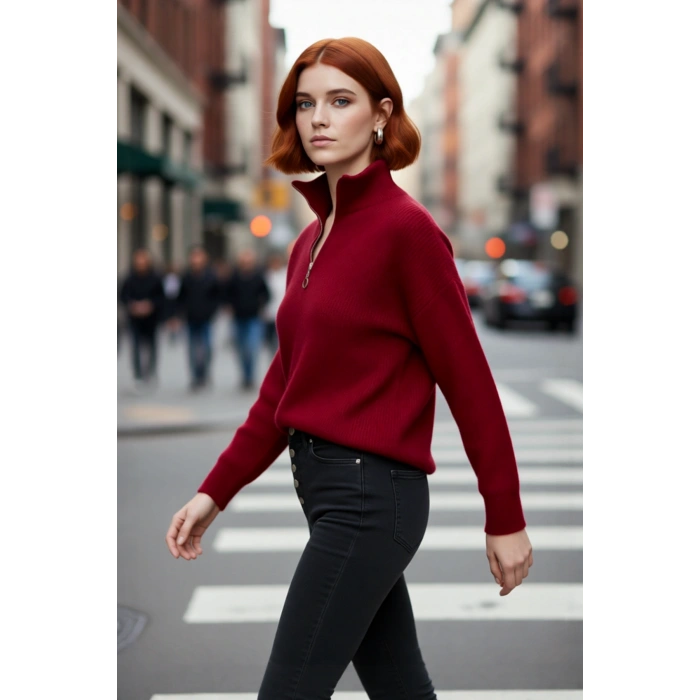 Kadın Oversize Düşük Kol Fermuarlı Dik Yaka Triko Selanik Örgü Basic Uzun Kollu Kazak Kaliteli