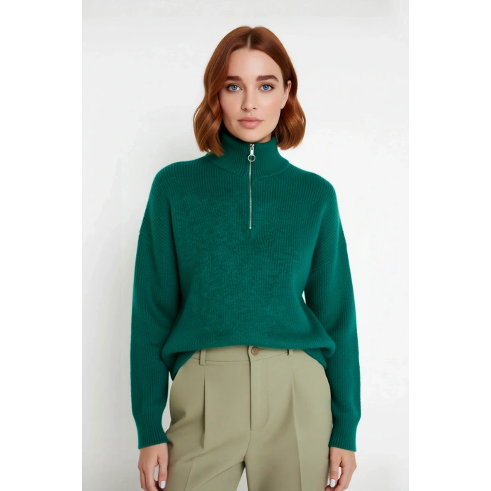 Kadın Oversize Düşük Kol Fermuarlı Dik Yaka Triko Selanik Örgü Basic Uzun Kollu Kazak Kaliteli