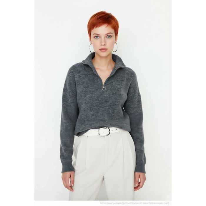 Kadın Oversize Düşük Kol Fermuarlı Dik Yaka Triko Selanik Örgü Basic Uzun Kollu Kazak Kaliteli