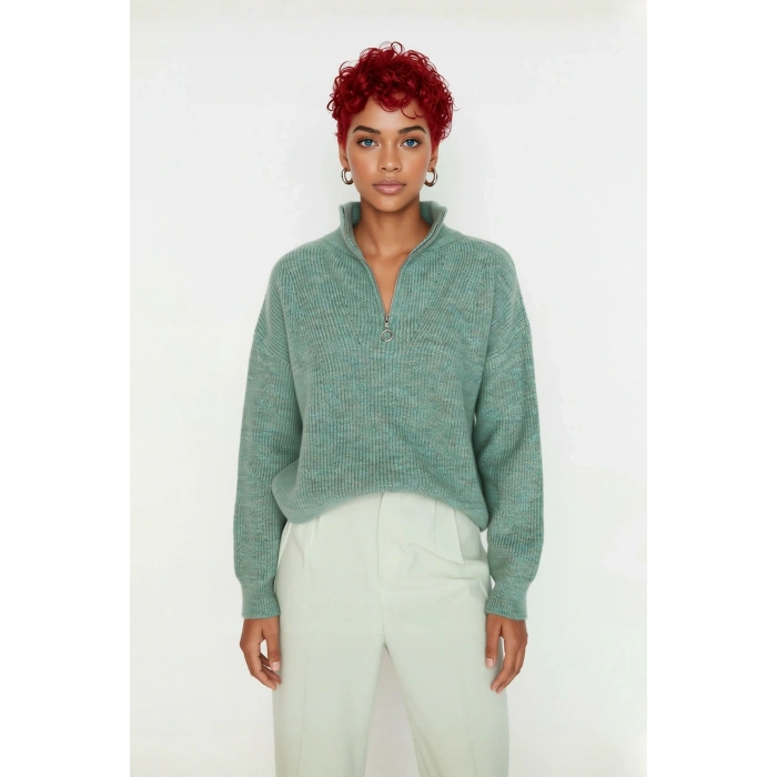 Kadın Oversize Düşük Kol Fermuarlı Dik Yaka Triko Selanik Örgü Basic Uzun Kollu Kazak Kaliteli