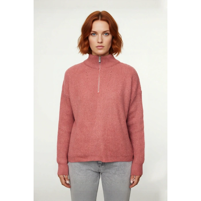 Kadın Oversize Düşük Kol Fermuarlı Dik Yaka Triko Selanik Örgü Basic Uzun Kollu Kazak Kaliteli