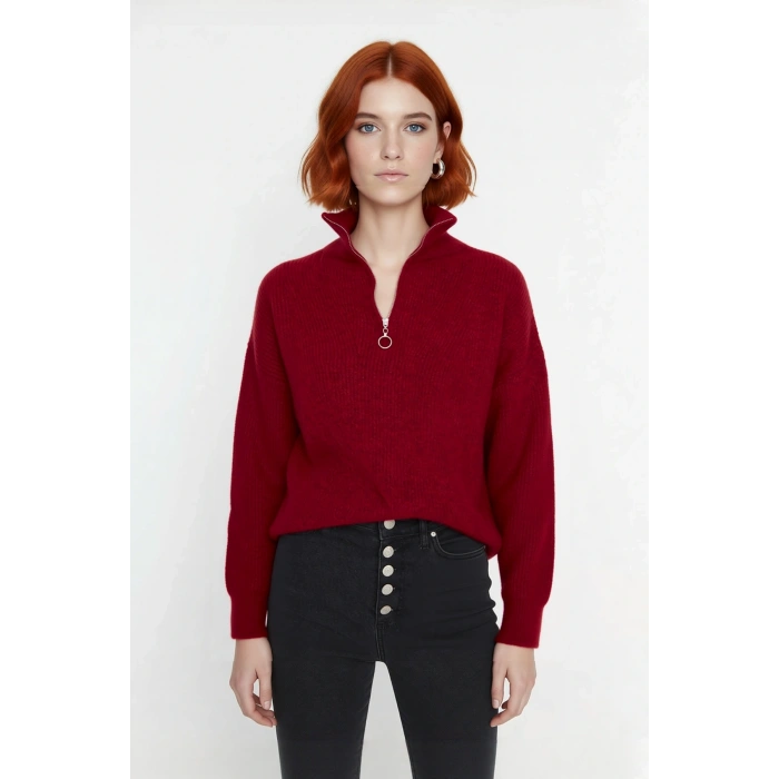 Kadın Oversize Düşük Kol Fermuarlı Dik Yaka Triko Selanik Örgü Basic Uzun Kollu Kazak Kaliteli