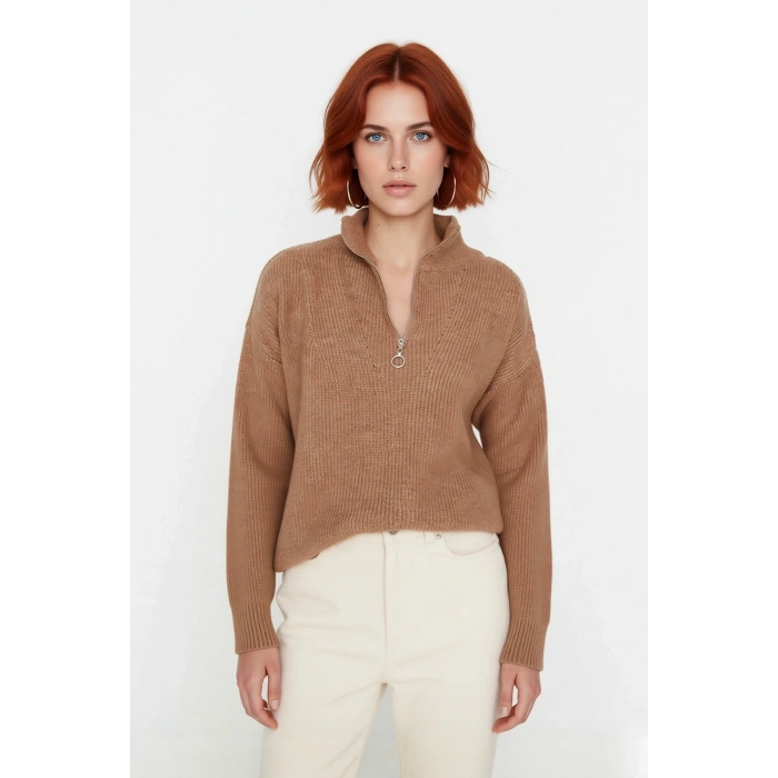 Kadın Oversize Düşük Kol Fermuarlı Dik Yaka Triko Selanik Örgü Basic Uzun Kollu Kazak Kaliteli