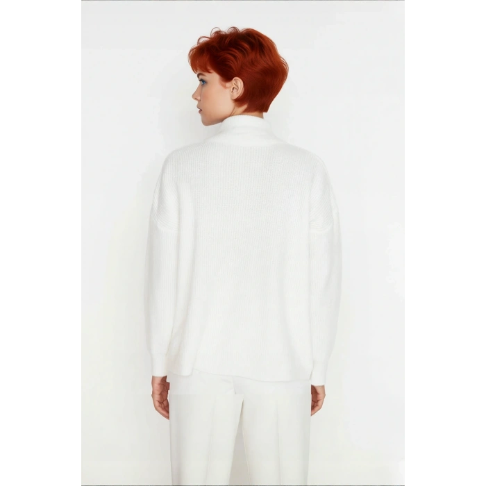 Kadın Oversize Düşük Kol Fermuarlı Dik Yaka Triko Selanik Örgü Basic Uzun Kollu Kazak Kaliteli