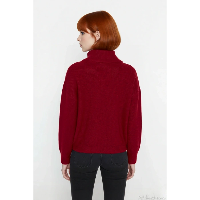 Kadın Oversize Düşük Kol Fermuarlı Dik Yaka Triko Selanik Örgü Basic Uzun Kollu Kazak Kaliteli