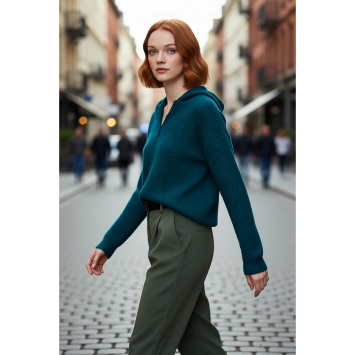 Kadın Oversize Düşük Kol Kapüşonlu Triko Kazak Günlük Rahat ve Şık Kışlık Kombinlerin Anahtarı