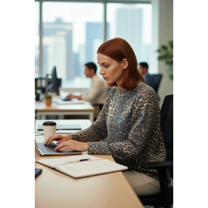 Kadın Oversize Düşük Kol Leopar Desenli Akrilik Polyester Günlük Bisiklet Yaka Triko Kazak Konforu