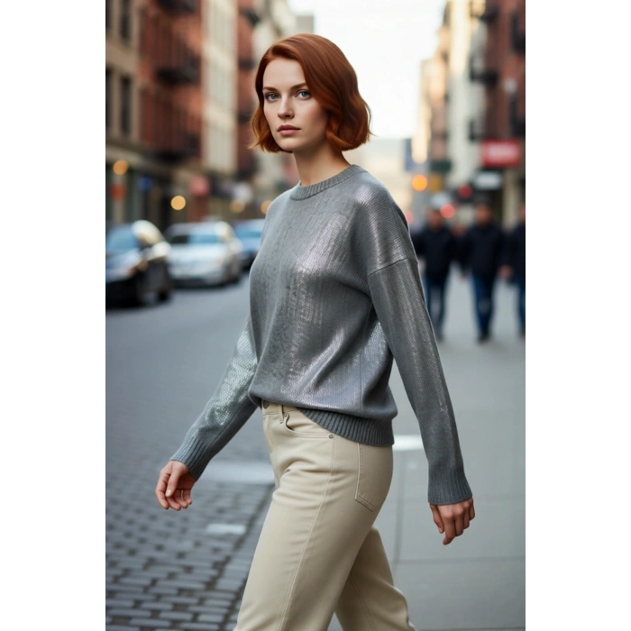 Kadın Oversize Düşük Kol Triko Bisiklet Yaka Gri Metalik Yansımalı Kışlık Kazak Modeli Kaliteli