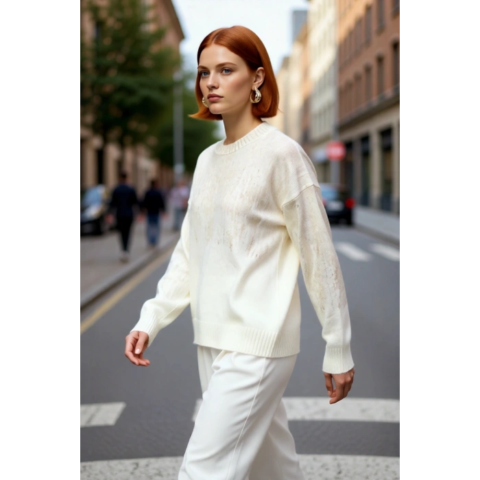 Kadın Oversize Düşük Kol Triko Bisiklet Yaka Gri Metalik Yansımalı Kışlık Kazak Modeli Kaliteli