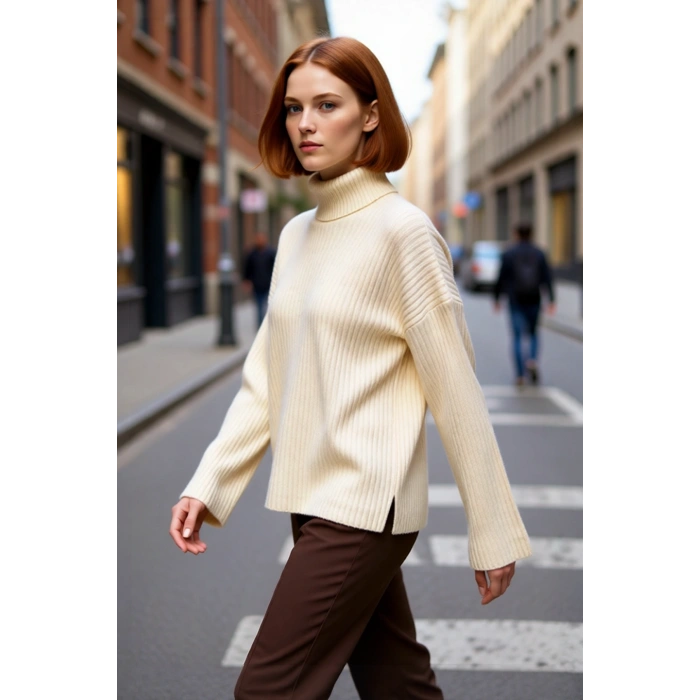 Kadın Oversize Düşük Kollu Balıkçı Yaka Triko Kazak Soğuk Havalarda Şıklık ve Konfor Sunar