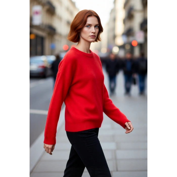 Kadın Oversize Düz Bisiklet Yaka Düşük Kol Triko Kazak Kışlık Rahat Şık Günlük Kombinler İçin