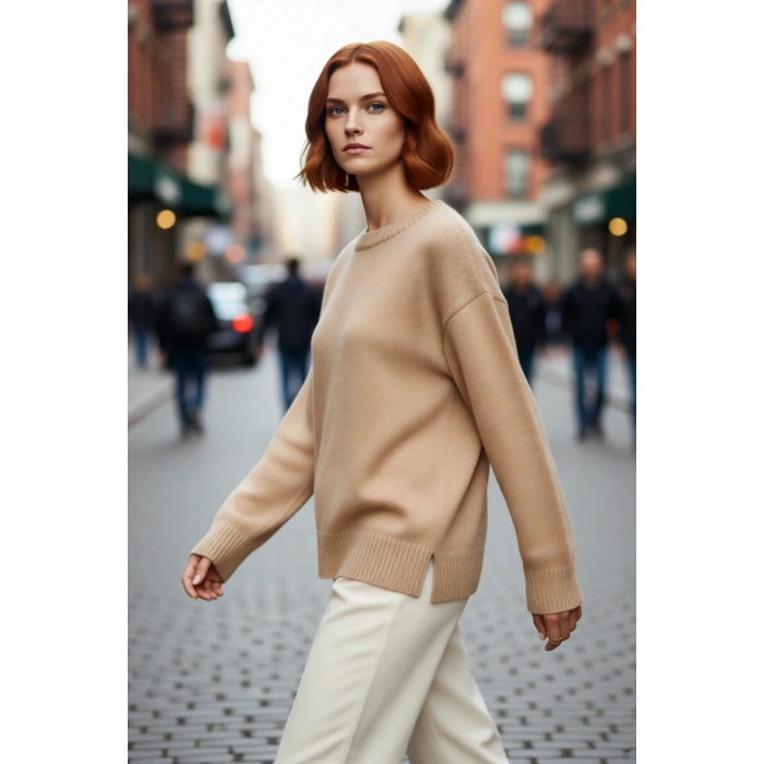 Kadın Oversize Düz Triko Bisiklet Yaka Uzun Kollu Bej Kazak Kış Ve Sonbahar Rahatlığı İçin Trendy