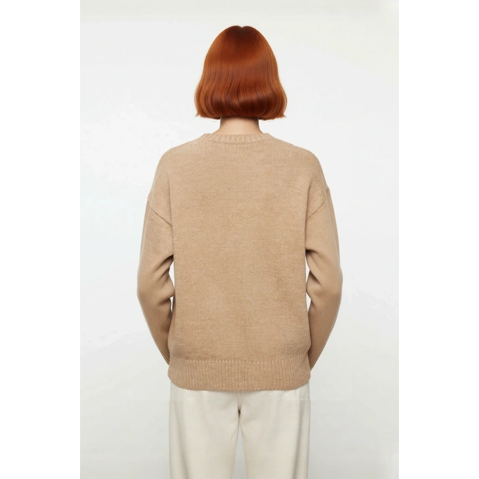 Kadın Oversize Düz Triko Bisiklet Yaka Uzun Kollu Bej Kazak Kış Ve Sonbahar Rahatlığı İçin Trendy