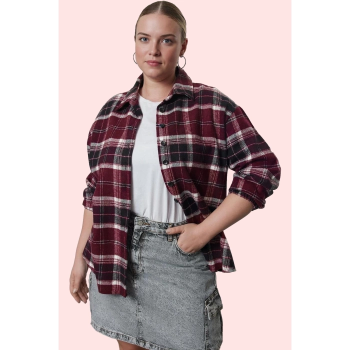Kadın Oversize Ekose Dokuma Gömlek Büyük Beden Kış Koleksiyonu Günlük Kullanım Özel Günler