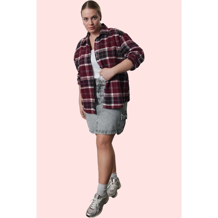 Kadın Oversize Ekose Dokuma Gömlek Büyük Beden Kış Koleksiyonu Günlük Kullanım Özel Günler