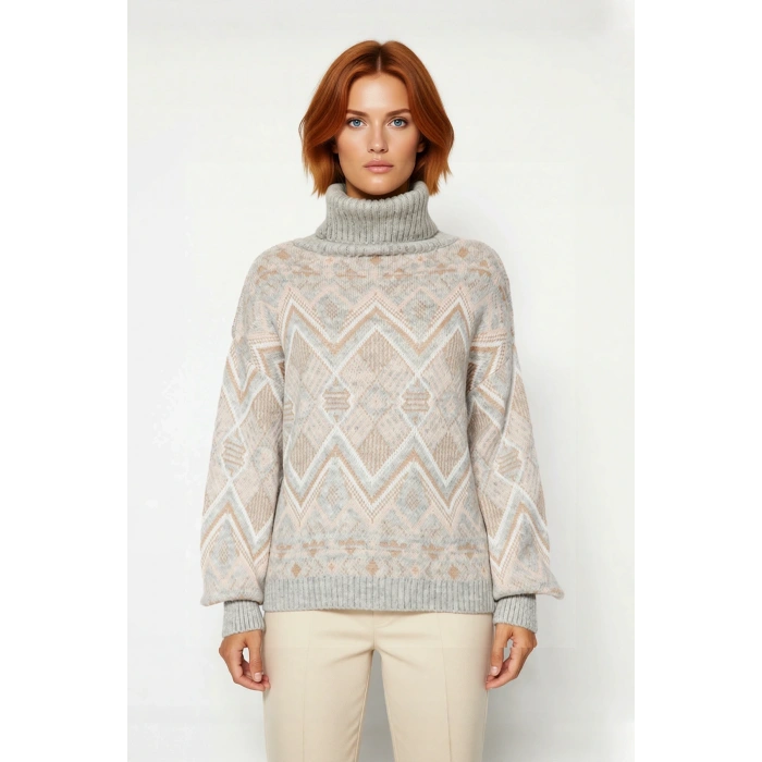 Kadın Oversize Etnik Desenli Balıkçı Yaka Uzun Kollu Akrilik Triko Kazak Kış Günleri Seçimi