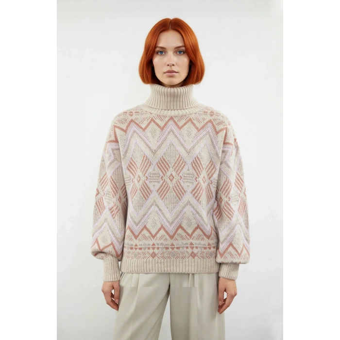 Kadın Oversize Etnik Desenli Balıkçı Yaka Uzun Kollu Akrilik Triko Kazak Kış Günleri Seçimi