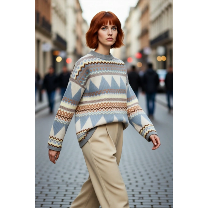 Kadın Oversize Etnik Desenli Bisiklet Yaka Düşük Kol Triko Kazak Kış İçin Şık Ve Rahat Bir Seçim