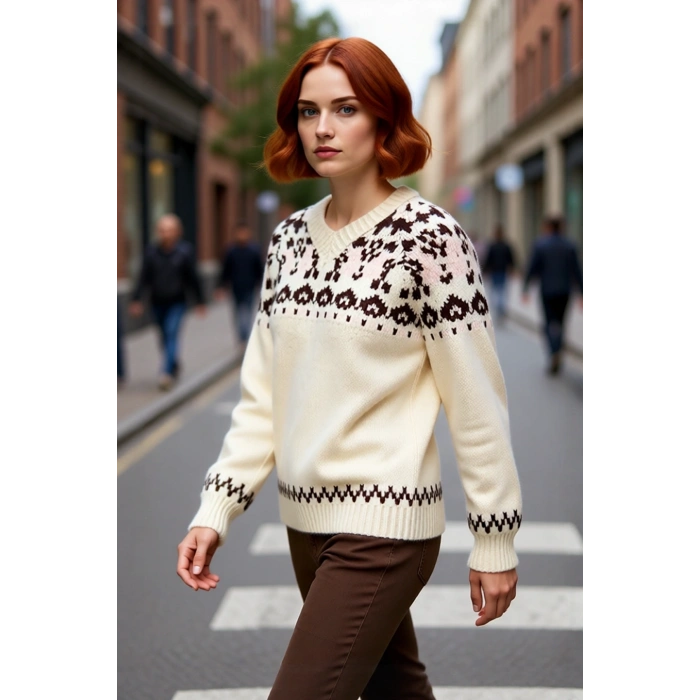 Kadın Oversize Etnik Desenli V Yaka Reglan Kol Triko Kazak Kışlık Soğuk Havalar İçin İdeal Şıklık