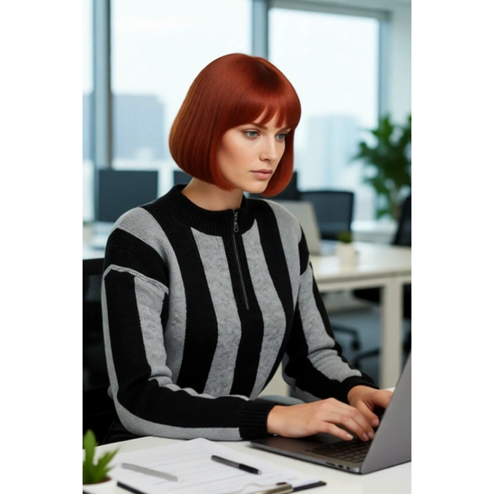 Kadın Oversize Fermuarlı Dik Yaka Çizgili Crop Triko Kazak Kış Kombinlerinin Vazgeçilmezi.