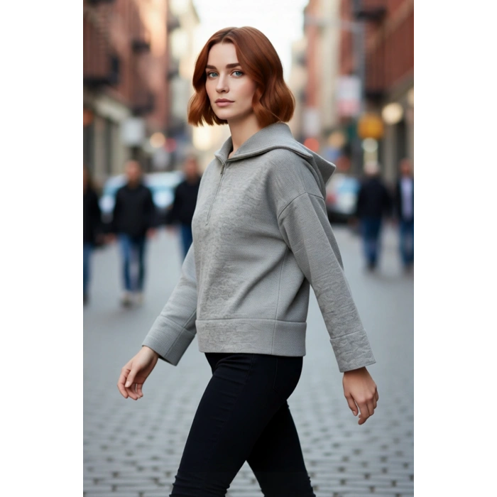 Kadın Oversize Fermuarlı Dik Yaka Triko Kazak Düşük Kol Uzun Kış Günleri İçin İdeal Model