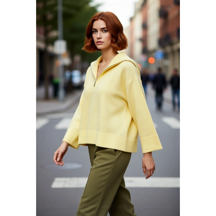 Kadın Oversize Fermuarlı Dik Yaka Triko Kazak Düşük Kol Uzun Kış Günleri İçin İdeal Model
