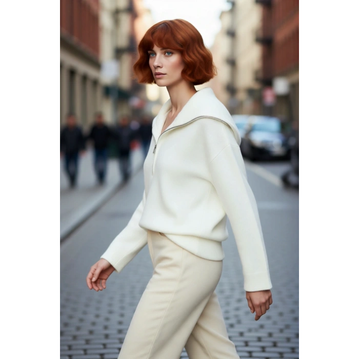 Kadın Oversize Fermuarlı Dik Yaka Triko Kazak Düşük Kol Uzun Kış Günleri İçin İdeal Model