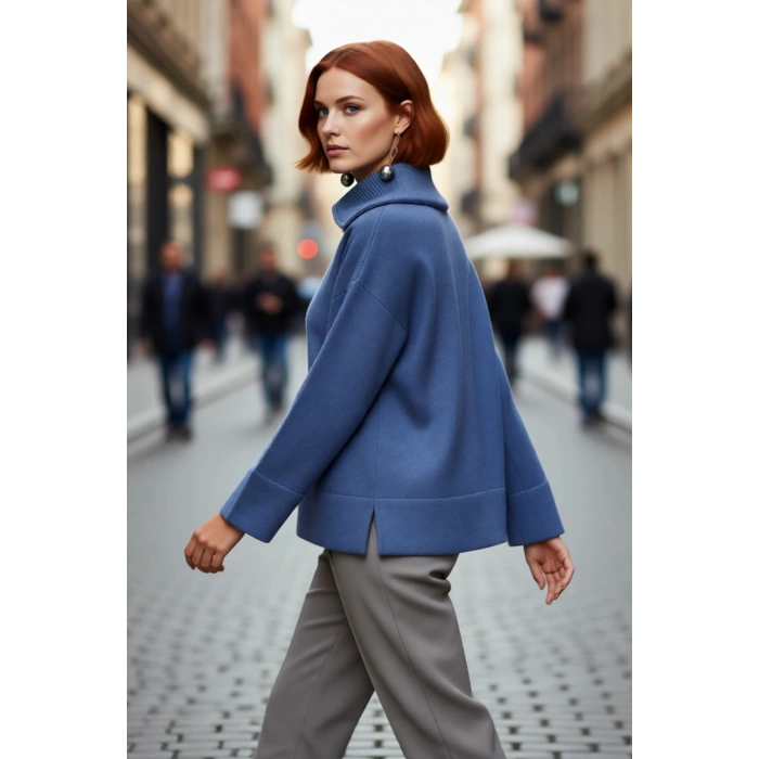 Kadın Oversize Fermuarlı Dik Yaka Triko Kazak Düşük Kol Uzun Kış Günleri İçin İdeal Model