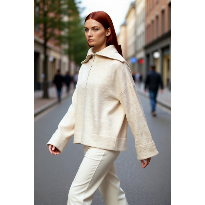 Kadın Oversize Fermuarlı Dik Yaka Triko Kazak Düşük Kol Uzun Kış Günleri İçin İdeal Model