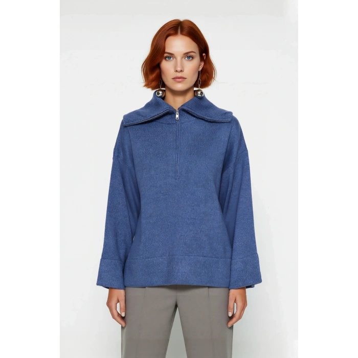Kadın Oversize Fermuarlı Dik Yaka Triko Kazak Düşük Kol Uzun Kış Günleri İçin İdeal Model