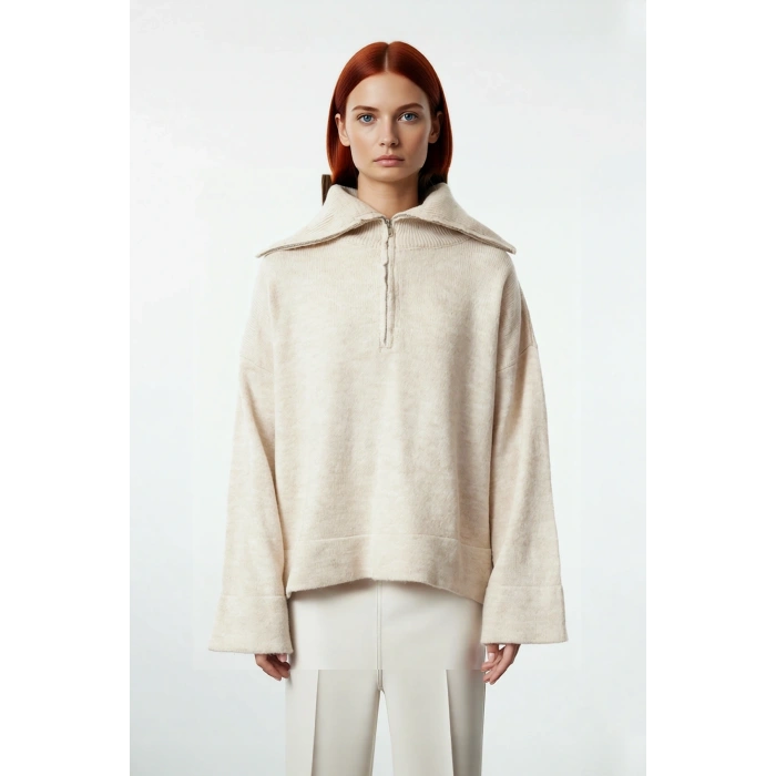 Kadın Oversize Fermuarlı Dik Yaka Triko Kazak Düşük Kol Uzun Kış Günleri İçin İdeal Model