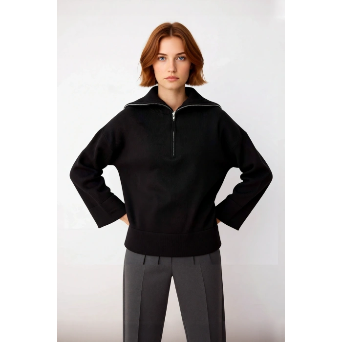Kadın Oversize Fermuarlı Dik Yaka Triko Kazak Düşük Kol Uzun Kış Günleri İçin İdeal Model