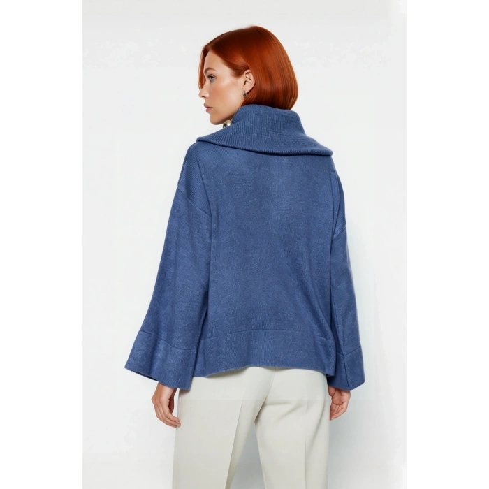 Kadın Oversize Fermuarlı Dik Yaka Triko Kazak Düşük Kol Uzun Kış Günleri İçin İdeal Model