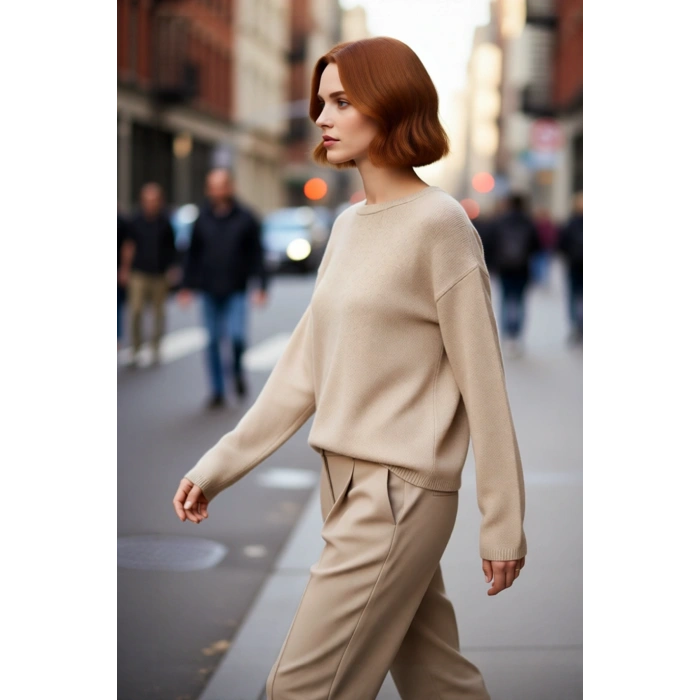 Kadın Oversize Fit Düşük Kol Bisiklet Yaka Basic Triko Kazak Casual Günlük Kış Şıklığı Sunar