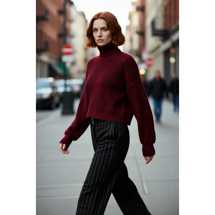 Kadın Oversize Fitilli Bordo Balıkçı Yaka Uzun Reglan Kollu Crop Akrilik Triko Kazak Kaliteli